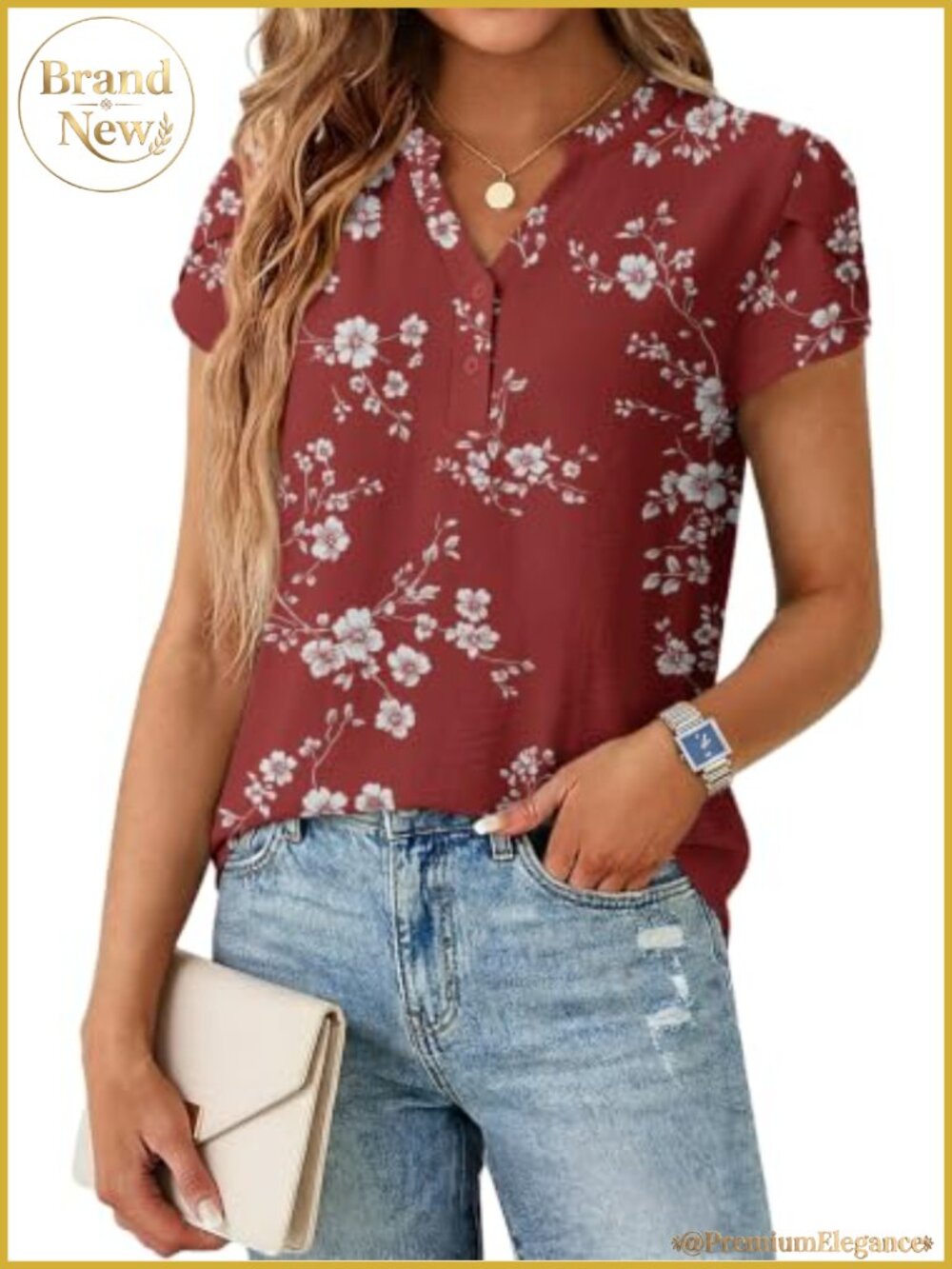Women's Dressy Casual V-Neck Henley Top Cap Sleeve Blouse Business Work Shirt